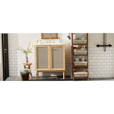 Meuble-lavabo de 30 pouces fabriqué à partir de matériaux naturels, avec des portes en rotin faites à la main et des mécanismes de fermeture en douceur