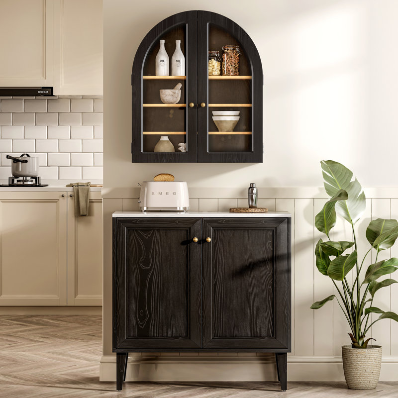 Modern Arch Wall Mounted Cabinet,Bathroom Medicine Cabinet with Adjustable Shelves, Black/Oak, 1