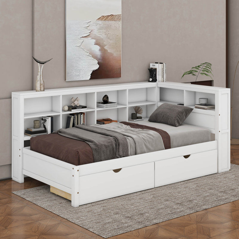 Lit de jour avec tiroirs, tablette et ports de chargement USB, Simple, Blanc