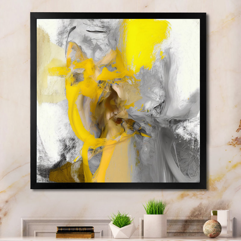 Moutarde jaune et gris vif I - décoration murale abstraite, H 24 po x l 24 po, Toile avec cadre photo, Noir