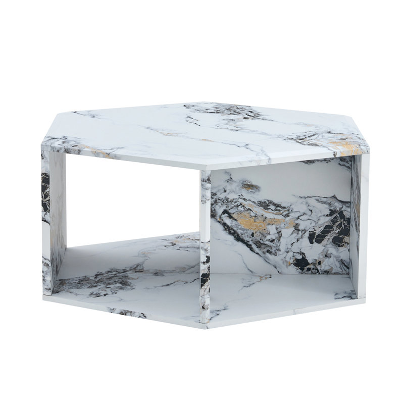 Hexagonal MDF Coffee Table, Characteristic Pattern Stickers, Multi-Hole Design To Give More Storage Space