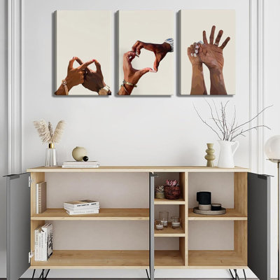 3 pièces d'art mural sur toile Couple noir tenant par la main en forme de cœur, amour, femmes afro, affiches pour salon, chambre, salle de bain, décorations (toile de 12 x 16 po)