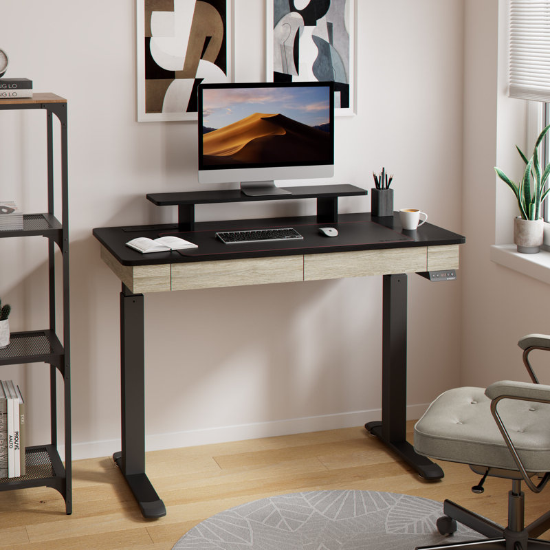 Metal Base Standing Desk with Power Outlet, 122cm H x 120cm W x 61cm D, Black/Light Brown