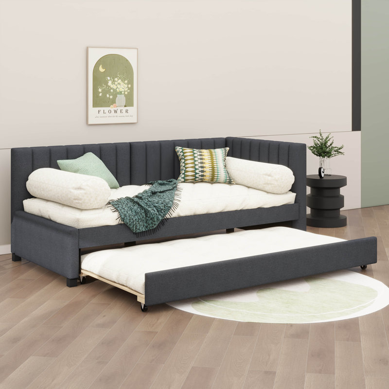 Upholstered Daybed with Trundle Sofa Bed Frame, Gray, Twin