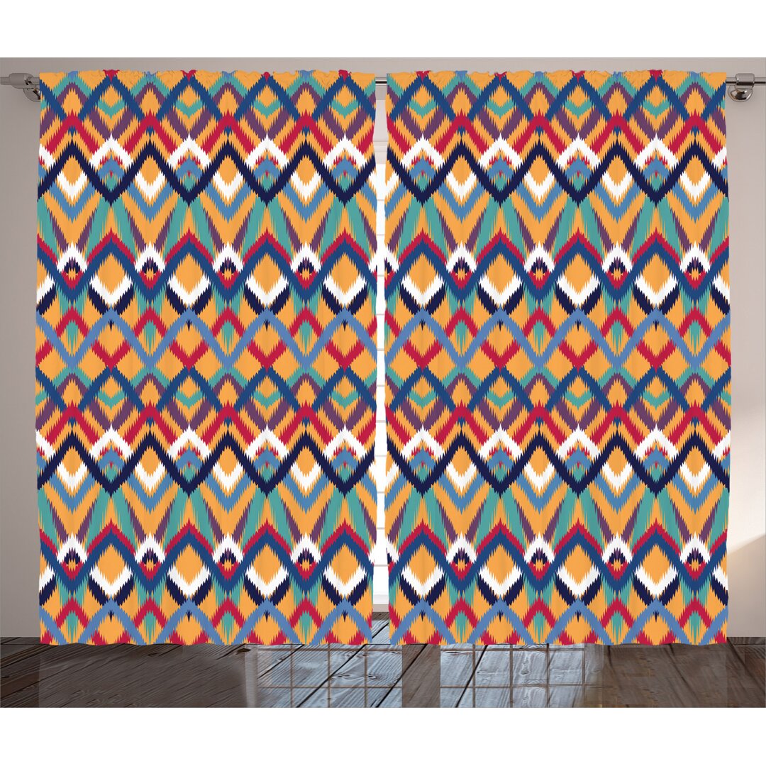 Rustikaler Vorhang, Ceremonial Native Art, Ikat, Rot Blau Orange