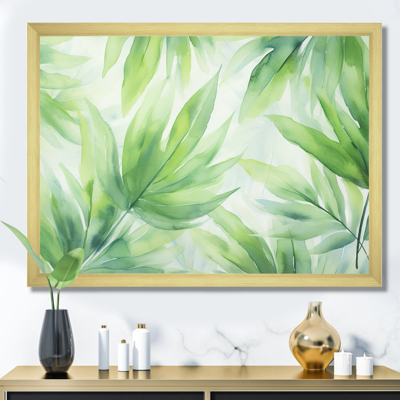 Vert tropicale vert en couleur pastel - Collages abstraits, art mural, Cadre doré à coins fermés, H 12 po x l 20 po x P 1 po