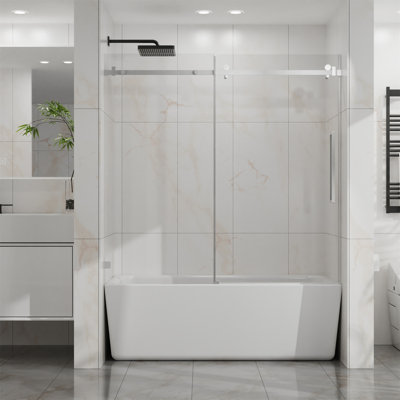 Frameless Bathtub Door, 60" W X 58" H Sleek Silent Sliding Glass Door, 1/4" (6Mm) Thick Tempered Clear Glass With Easy-Clean Coating, Heavy-Duty 304 Stainless Steel