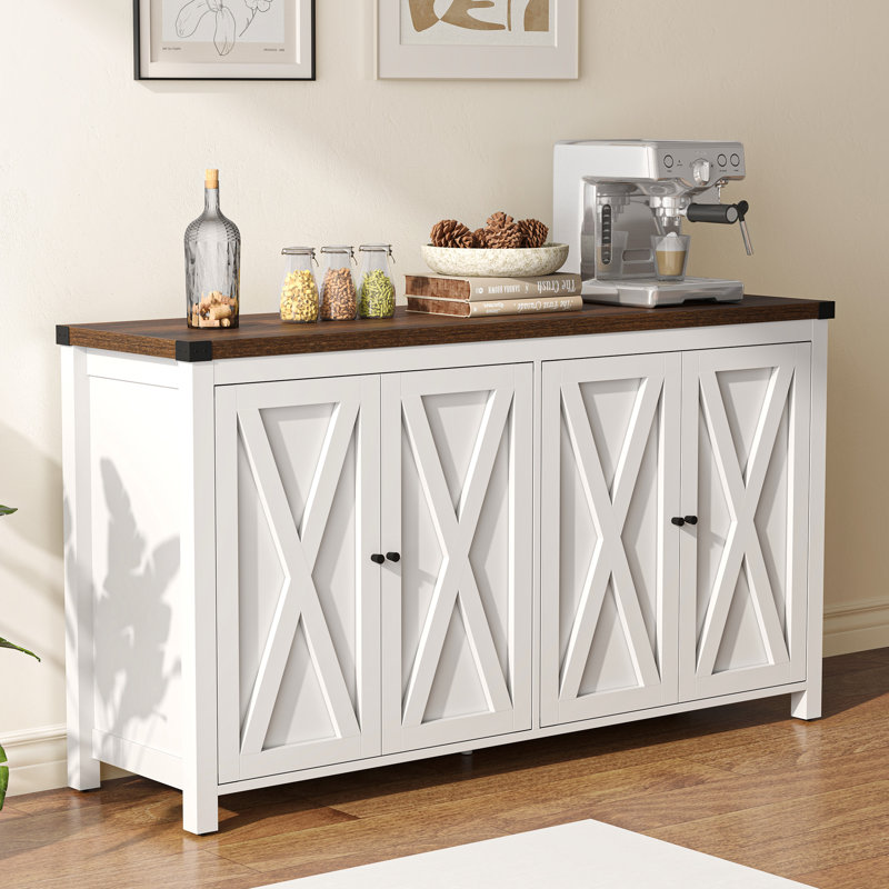 Buffet 55 po avec 4 portes et tablette réglable, Blanc / brun