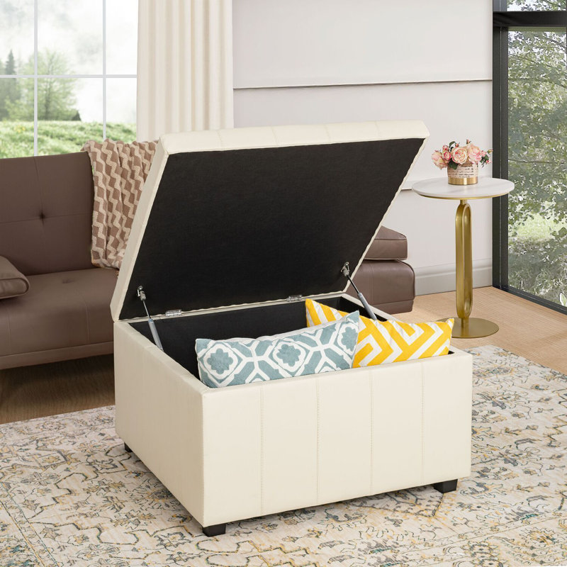 Banc de rangement avec repose-pieds Ashwika Vegan, Similicuir crème