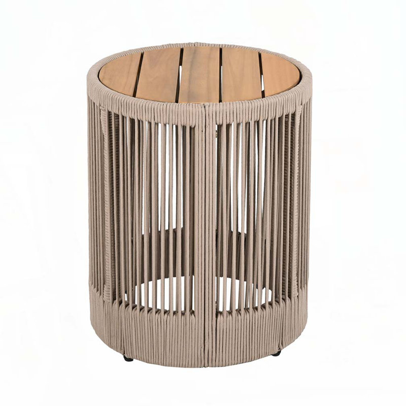 Table d'appoint d'extérieur en corde de rotin et bois d'acacia, Beige