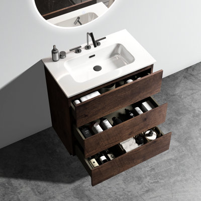 Modern Walnut Bathroom Vanity. Enlarged Inner Storage, Silent Working. Ergonomic No Style. White Sink Basin. Pre-Assembled Vanity . Operation, Plentiful Storage. Furniture.