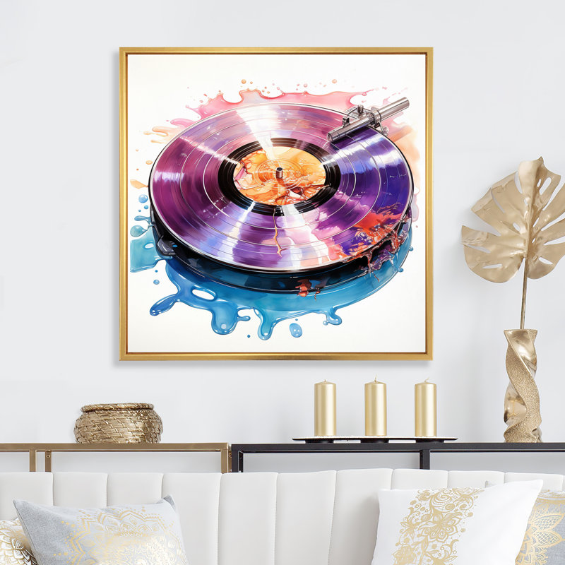 Reproduction de vinyle mauve sur toile, Cadre flottant doré, H 36 po x l 36 po x P 1,5 po
