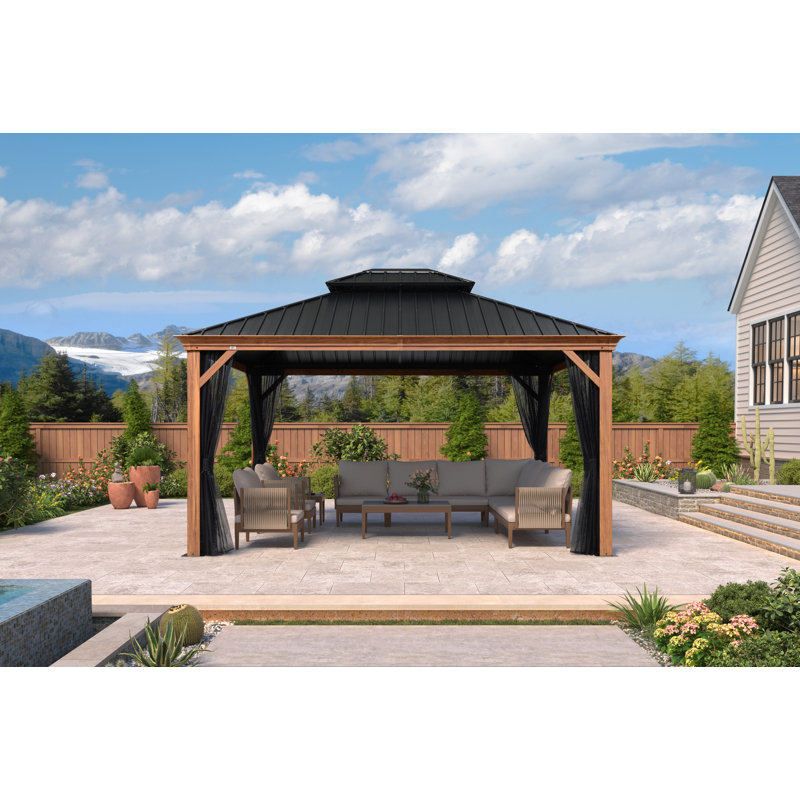 PURPLE LEAF 12' X 14' Outdoor Hardtop Gazebo for Patio Wood Grain Galvanized Steel with Netting, 12' X 14’