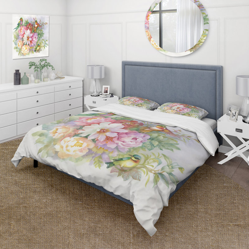 Fleurs vibrantes et oiseaux colorés - Ensemble de housse de couette traditionnel - Microfibre de polyester