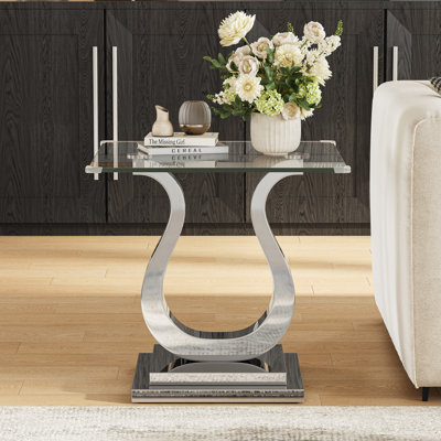 Ensemble de 3 tables de salon modernes avec dessus en verre trempé et pieds sculpturaux incurvés en acier inoxydable poli