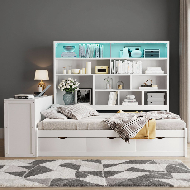 Full Size Wooden Daybed with 3 Drawers & Built-in Desk - Convertible Storage Bed with Shelves and Lights, Space-Saving Design for Small Rooms