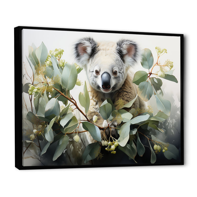 Aquarelle, Koala, arbre, observateur 3, art mural Koala, Cadre flottant noir, H 16 po x l 32 po x P 1 po