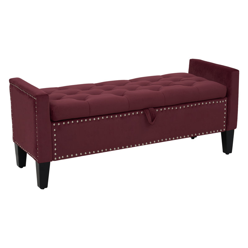 Jeani 45" Wide Velvet Tufted Rectangle Storage Ottoman, Red Burgundy