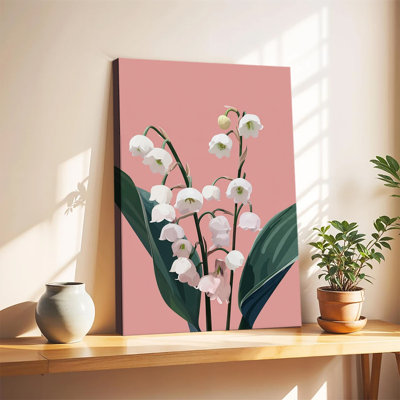 Lily Of The Valley Floral Illustration On Dusty Pink Background, Large Gallery Wrapped Canvas Wall Art Print For Living Room Bedroom