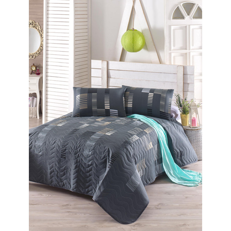 Ensemble de couvre-lit matelassé simple élégant, anthracite / noir / blanc / beige, 63,0 po x 86,6 po | 65% coton, 35% polyester, 100% rembourrage en fibres | Lavable à la machine, housse de couette à fermeture à boutons, conception douce et confortable