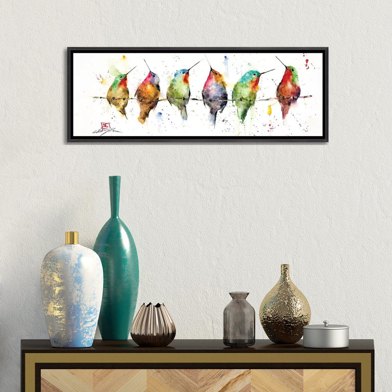 Reproduction d’art sur toile, « Hummers on a fil » par Dean Crouser, H 12 po x l 36 po x 1,5 po, Encadrement noir décoloré