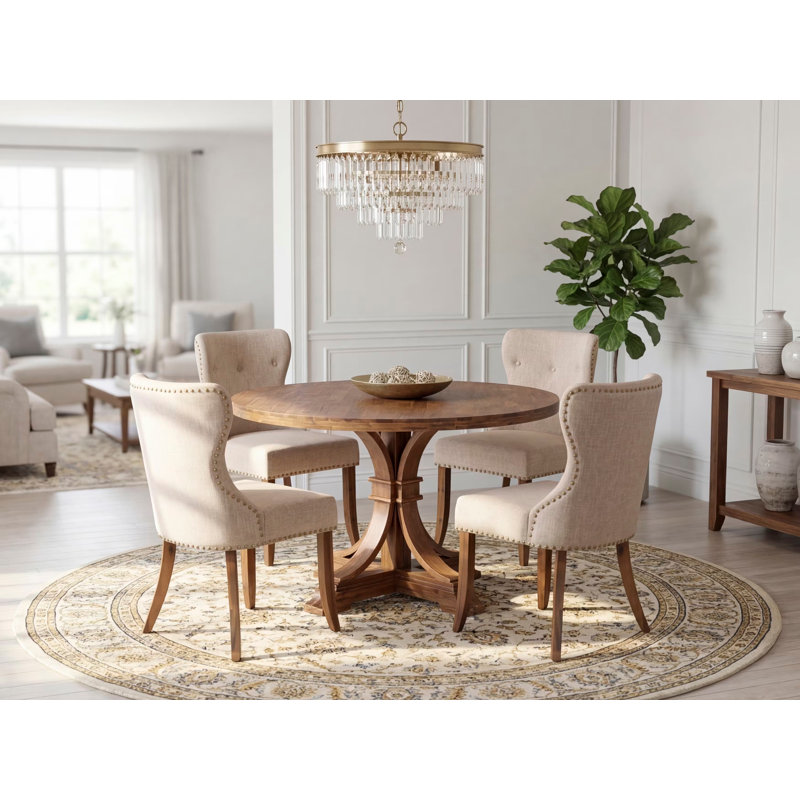 5 Piece Dining Table Set Includes a 48" Round Table with Pedestal and 4 Light Tan Linen Fabric Parson Chairs, Antique Walnut