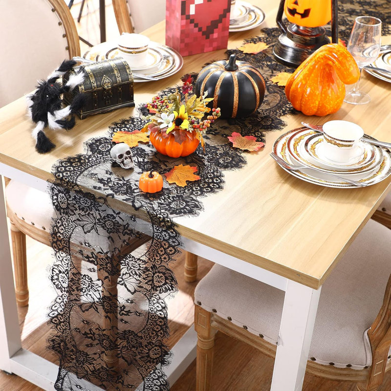 12 Pcs Black Lace Table Runners Rustic Wedding Lace Table Runner Decor Vintage Romantic Black Lace Table Cloth Party Decor For Halloween Engagement Hotel Home Table(Classic)