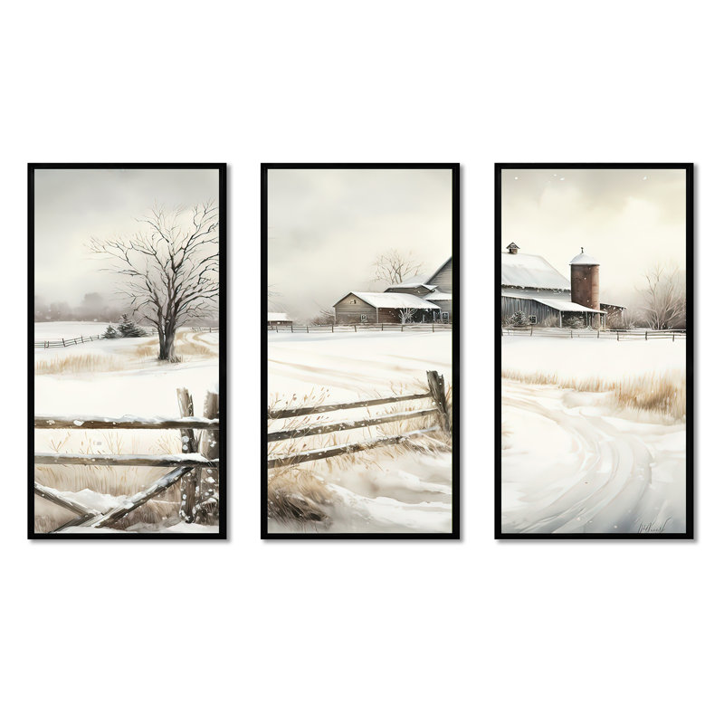 «Ohio Farm In Winter», ensemble d'art mural sur toile, H 28 po x l 36 po x P 1 po, Cadre noir