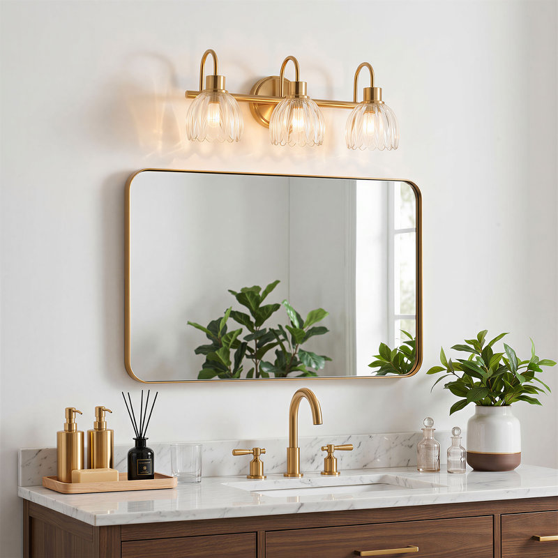 Luminaire pour meuble-lavabo en laiton antique à 3 lumières Kella, verre transparent Lotus, base E26, fixation murale pour salle de bain