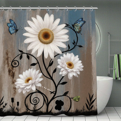 White Daisy & Butterfly Shower Curtains For Bathroom, 71 X 71