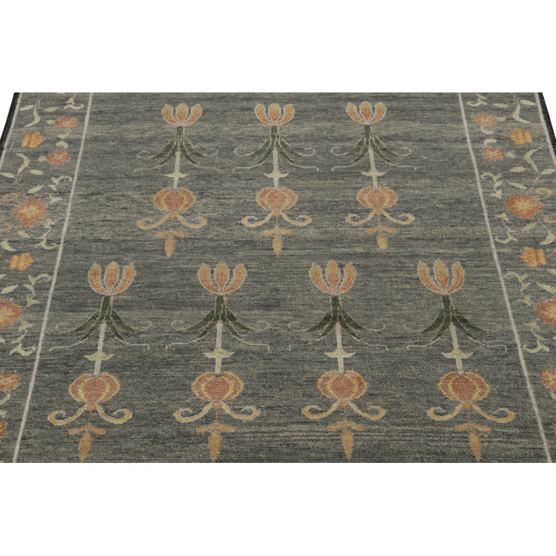Rug & Kilim’S Block Print Rug, Teal And Gray Tones With Whimsical Floral Pattern