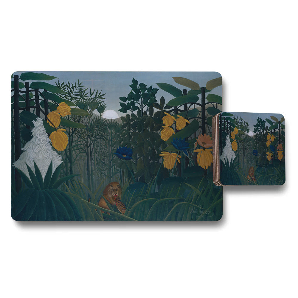 Jungle Scene Placemat and Coaster Set with Lion Artwork