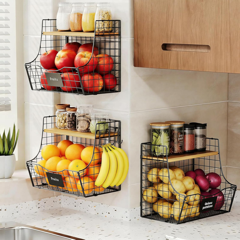 Ensemble de 3 paniers à fruits grillés pour cuisine avec couvercle en bois - Rangement mural pour comptoir et pommes de terre avec plaque signalétique, paniers suspendus pour légumes, 11,81 x 10,63 x 8,66 pouces