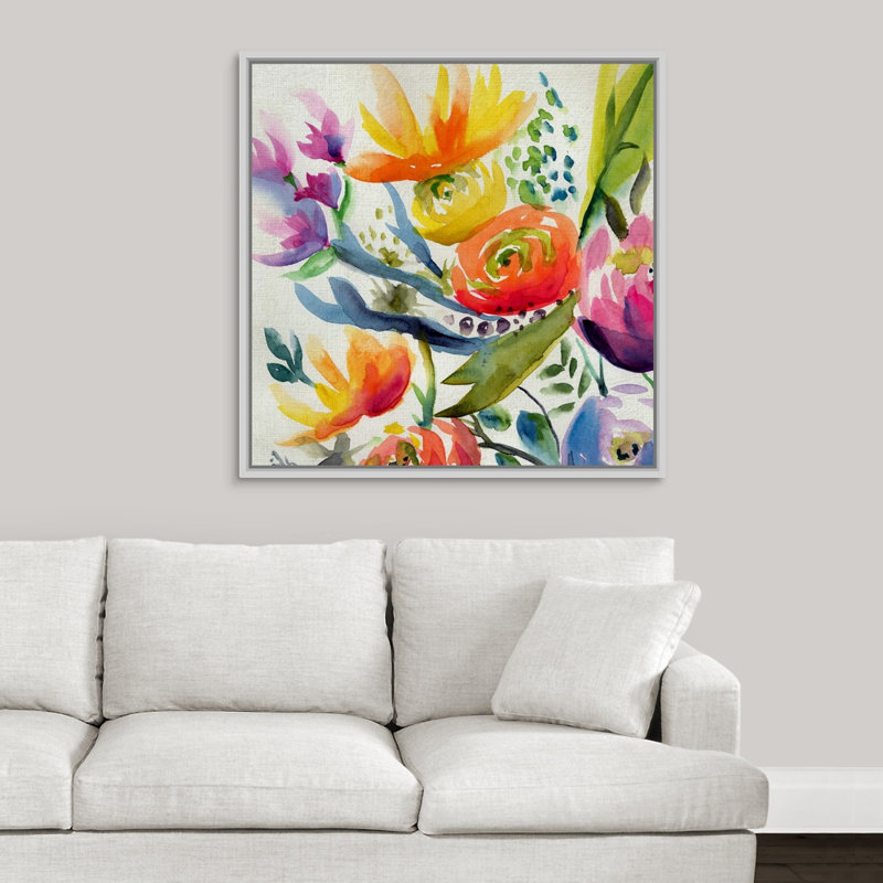 « summer spectrum iv », peinture sur toile, H 31,7 po x l 31,7 po x P 1,75 po, Cadre flottant blanc