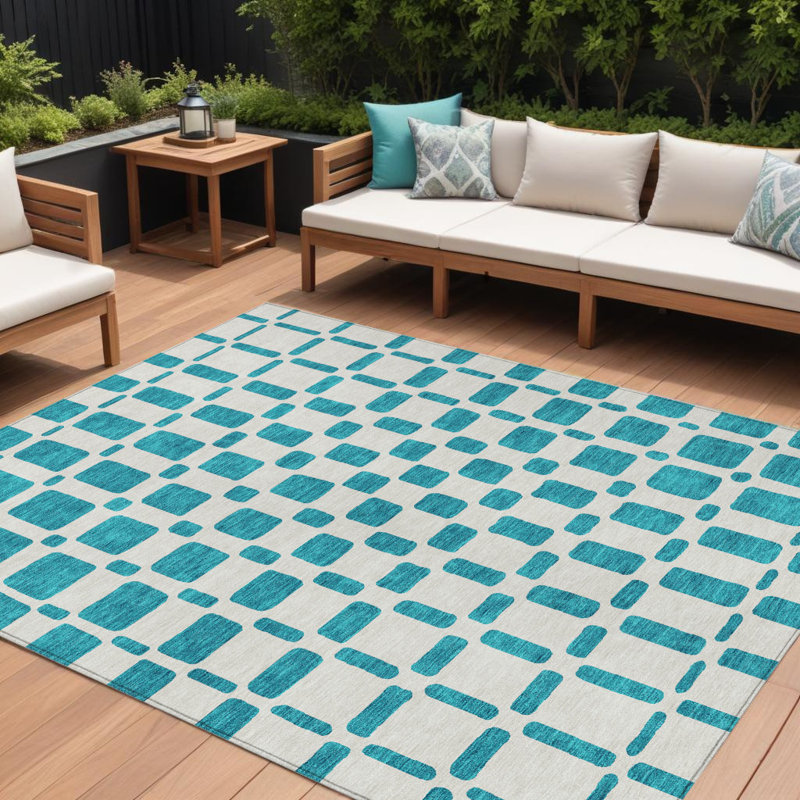 Tapis intérieur / extérieur 8 pi x 10 pi bleu sarcelle et ivoire à motif géométrique lavable