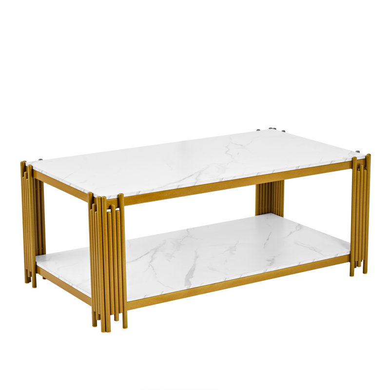 44.88" Marble Coffee Table, Modern White Faux Marble Center Table with Metal Base, Luxury Rectangular Accent Sofa Table Cocktail Tables for Living Room Apartment