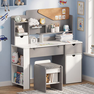 Ensemble de bureau et chaise, table d'étude en bois avec bureau inclinable, huche, tiroir et armoire de rangement, bureau d'écriture multifonctionnel pour tous les âges