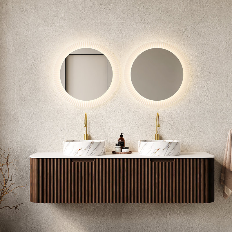 Meuble-lavabo de 60 po avec lavabos et rangement mural, 2 lavabos en céramique blanche à motif de pierre, noyer foncé, pré-assemblé, armoire en contreplaqué fiable