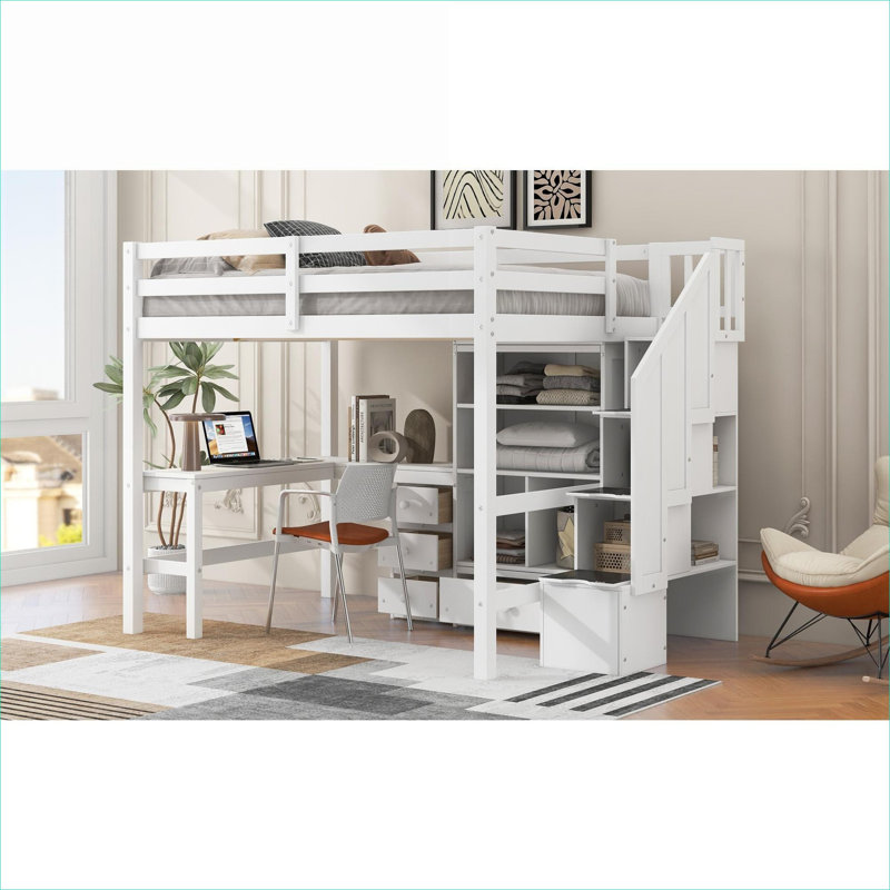 Classic White Solid Pine Full Size Loft Platform Bed with Integrated L-Shaped Desk and Built-In Storage