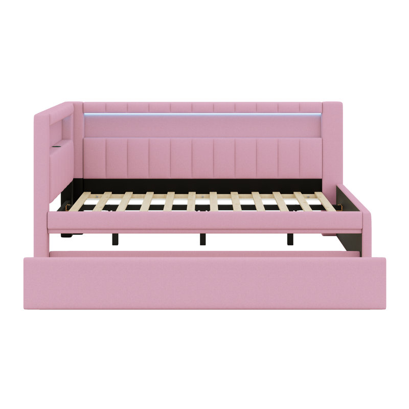 Lit plateforme tapissier avec ports USB et ceinture à DEL, avec lit gigogne, Rose