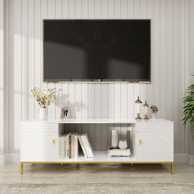 Meuble télé 70 po, meuble multimédia en bois robuste avec rangement et tablettes ouvertes pour le salon, design moderne (ne pas inclure le foyer électrique)