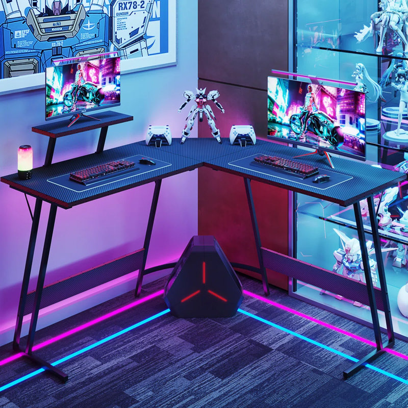 Sherri L Shaped Gaming Computer Desk with Large Monitor Stand, Black, 29" H x 47.24" W x 18" D
