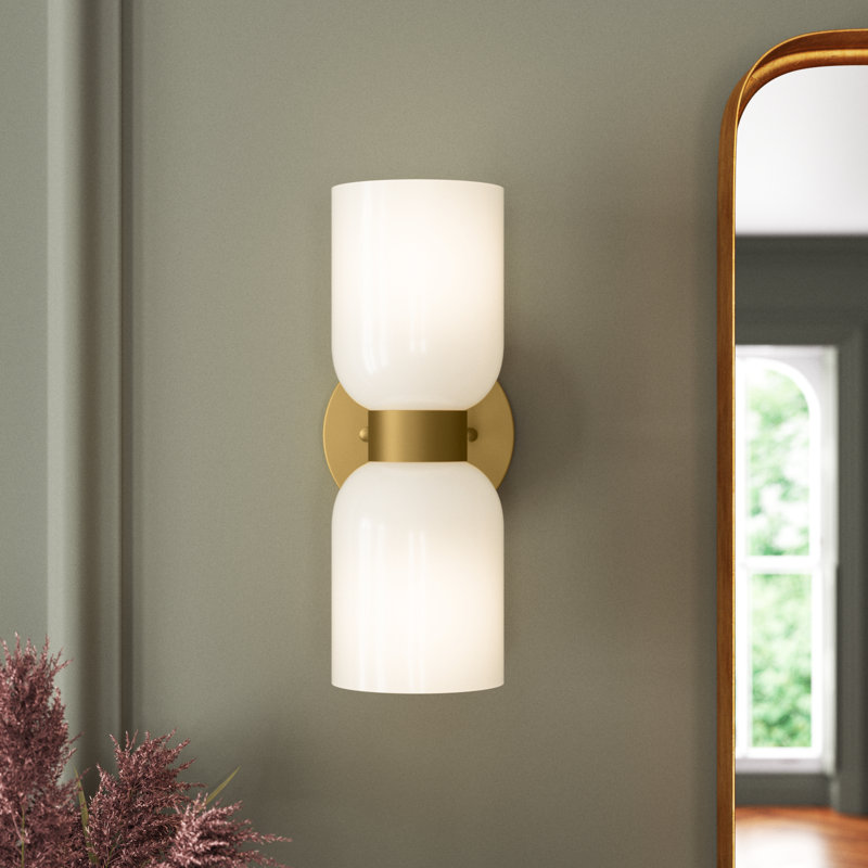 Eugenie 2-Light Steel Dimmable Armed Sconce, Brushed Gold, White