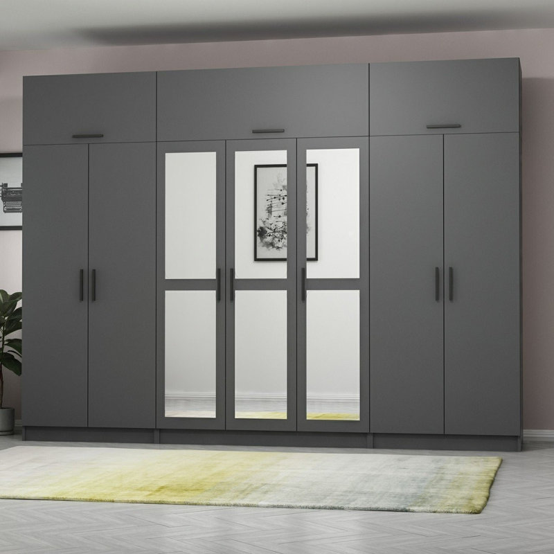 Elina 7 Door Manufactured Wood Wardrobe, 255cm H x 315cm W x 52cm D, Black