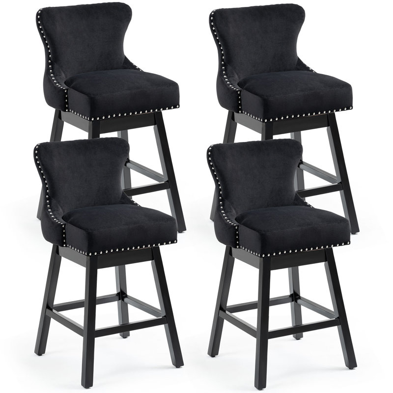 Upholstered 26" Swivel Counter Stools With Solid Wood Legs, Black, 4