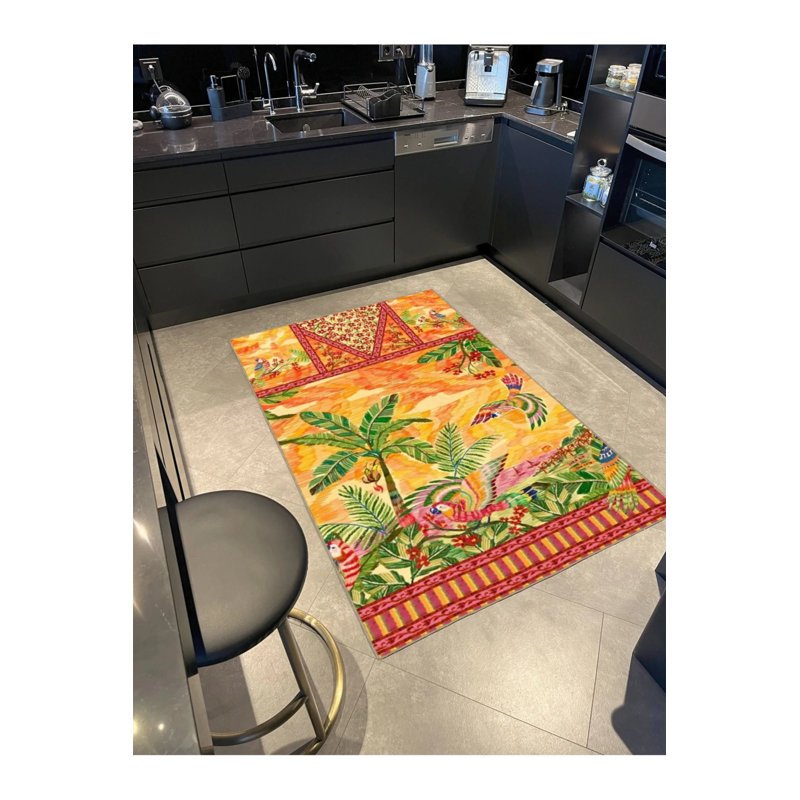 Geometric Beach Orange Patterned Washable Rug, Round 3'4"
