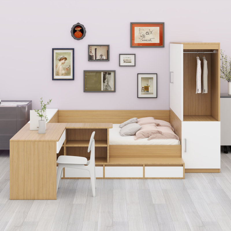Lit plateforme en bois avec tiroirs, tablettes, bureau et garde-robe, Naturel