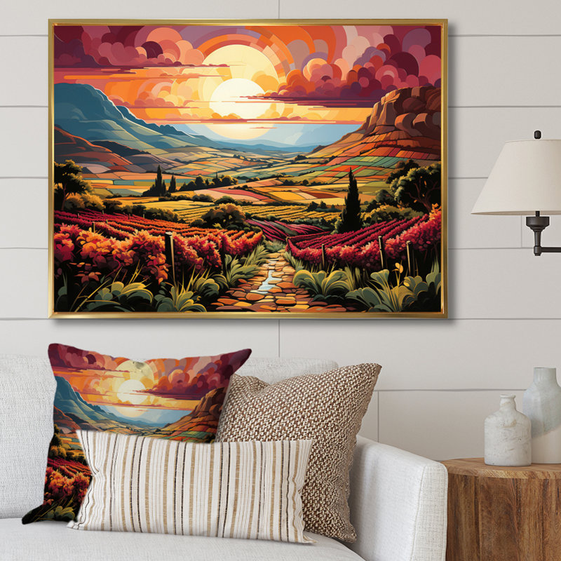 «Vineyard Sunset Rows Of Ruby Landscape II», reproduction sur toile, H 24 po x l 32 po x P 1 po, Cadre flottant doré