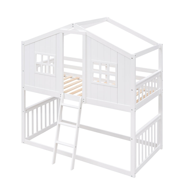 Lit superposé simple au dessus d'un lit simple avec échelle, lit en bois, Blanc