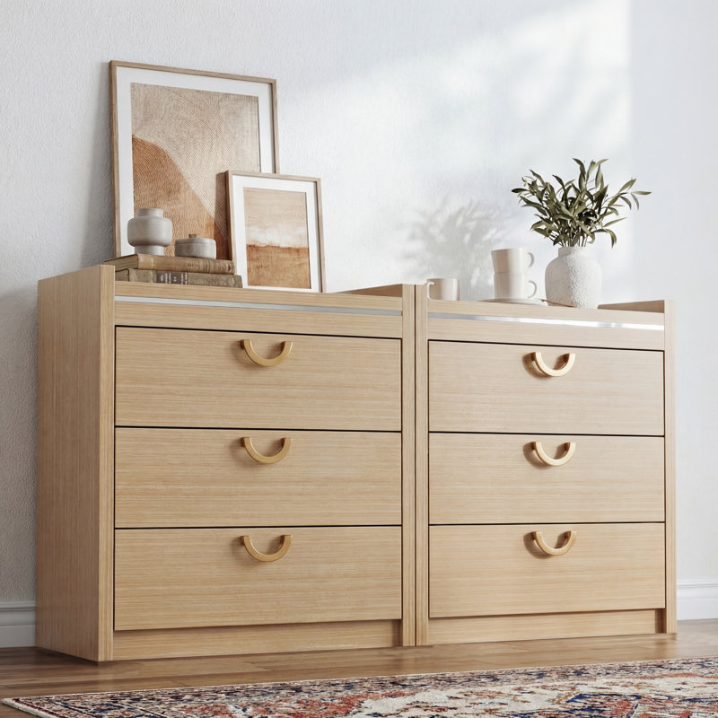 George Oliver 3 Drawer Mid-Century Modern Dresser, Oak Wood Chest of Drawers with Gold Curved Handles, 30.31 Tall Storage Organizer for Bedroom Hallway Entryway | Wayfair George Oliver 3 Drawer Mid-Century Modern Dresser, Oak Wood Chest of Drawers with Gold Curved Handles, 30.31 Tall Storage Organizer for Bedroom Hallway Entryway | Wayfair